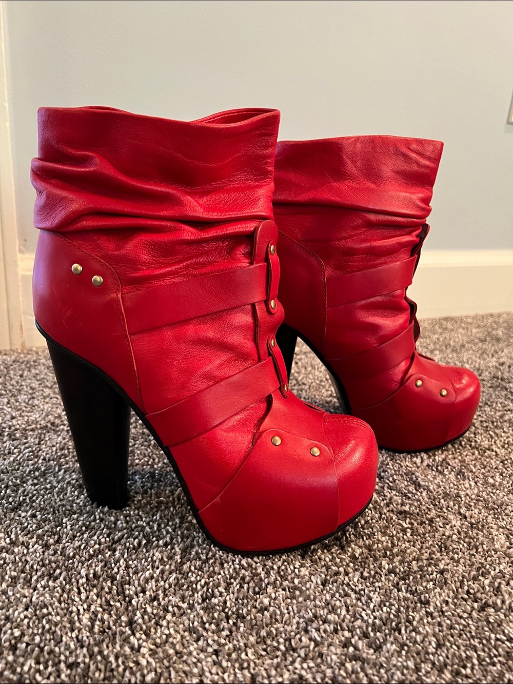 Versace Red Platform Ankle Booties with Stud Details